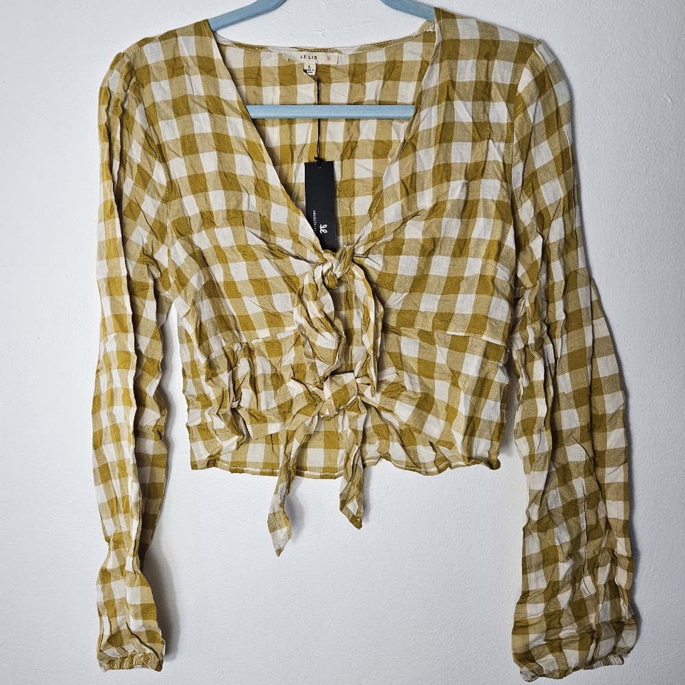 LE LIS Womens Mustard Yellow Gingham Tie Front Crop Top Long Sleeve Size‎ L NWT
